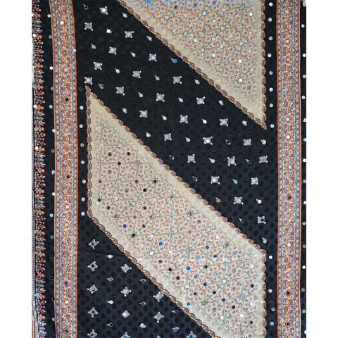 Pakistani Folk Art Digital Print Dupatta, Black Multicolour, Chevron Mirror Work with Gold Tassels