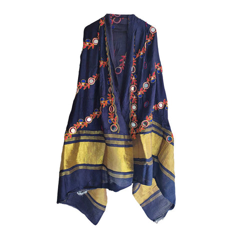 Handcrafted Purple Silk Dupatta with Gold Border, Floral Embroidered Mirror Work, Traditional Indian Scarf