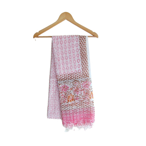 India Scarves Bagru Hand Block Floral kota Doriya silk cotton Dupatta(White And Pink)