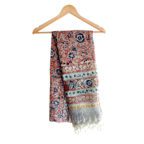 India Scarves Kota Doria Kalamkari Cotton Silk Orange Colour Floral Dupatta