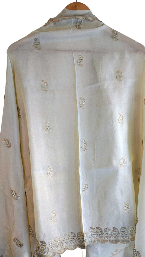 Hand-Embroidered Ivory Silk Dupatta with Multicoloured Floral Motifs and Silver Scalloped Border