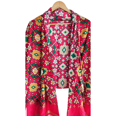 Semi Gaji Silk Floral Dupatta( Red color)