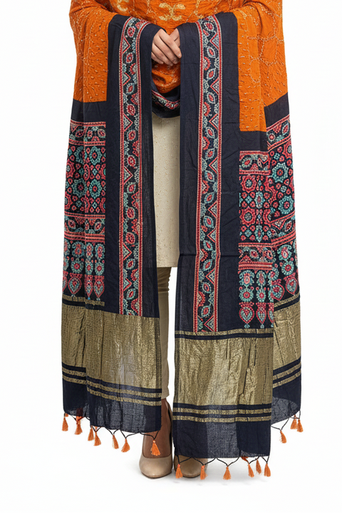 Soothing Faded Orange Modal Silk Dupatta with Ajrak Bandhani Elegance
