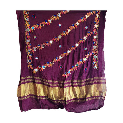 Handcrafted Purple Silk Dupatta with Gold Border, Floral Embroidered Mirror Work, Traditional Indian Scarf