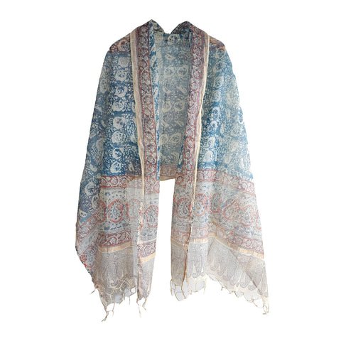 India Scarves Kota Doria Kalamkari Cotton Silk  Blue Colour Floral Dupatta