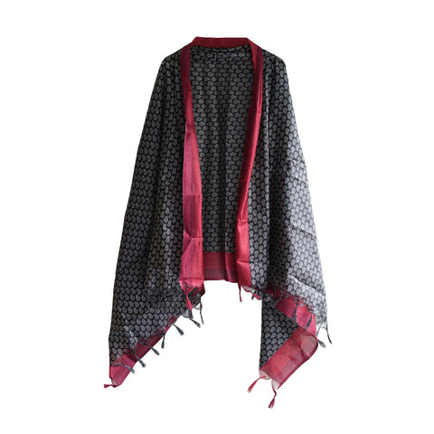 Khadi Cotton Floral Print Design Dupatta( Black And Red )