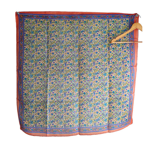 India Scarves Floral Paisley Print Silk Scarf, Light Weight Square Neck Wrap,  Border Pattern, 100x100 cm