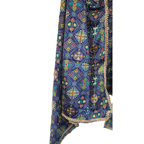 Pakistani Digital Printed Chinnon Dupatta With Heavy Mirror Work ( Dark Blue Color )