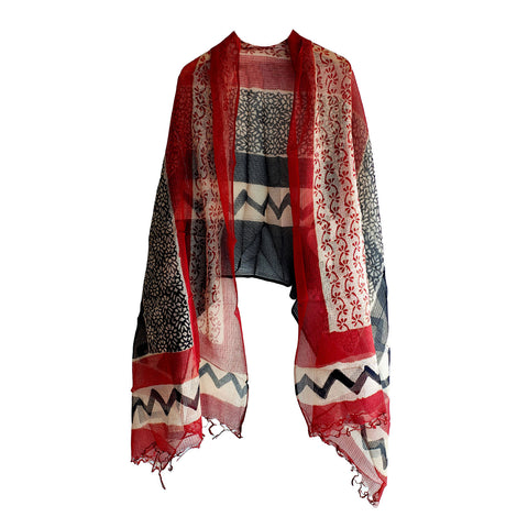 India Scarves Bagru Hand Block Floral kota Doria silk cotton Dupatta(Red And Black)
