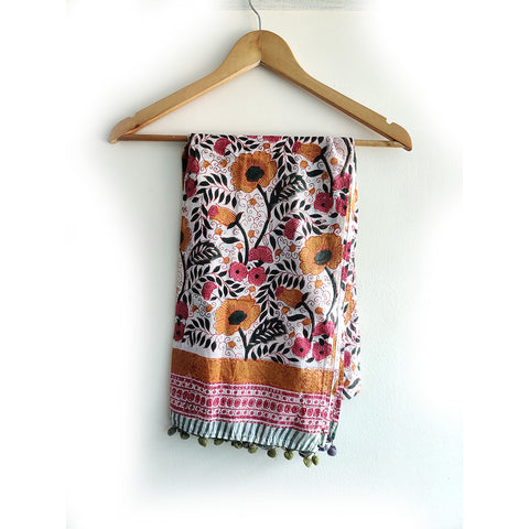 Bagru Hand Block Printed Pure Cotton White colour floral Stole