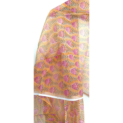 India Scarves Bagru Hand Block Floral Kota Doria Cotton Silk  Orange and Pink Dupatta