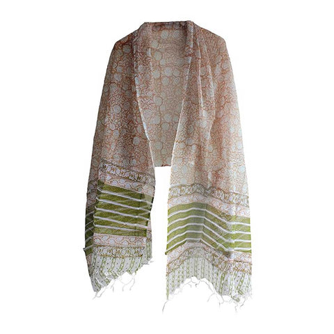 India Scarves Bagru Hand Block Floral Kota Doria Cotton Silk Floral Dupatta( Beige Color )