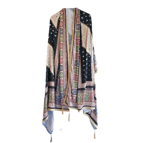 Pakistani Folk Art Digital Print Dupatta, Black Multicolour, Chevron Mirror Work with Gold Tassels