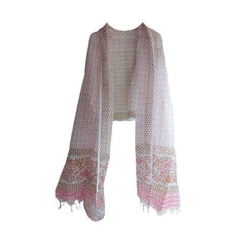 India Scarves Bagru Hand Block Floral kota Doriya silk cotton Dupatta(White And Pink)