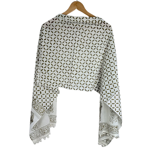 Bagru Hand Block Printed Pure Cotton White colour floral Stole