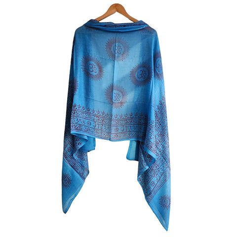 India Scarf Rayon Sarong with Hand-Printed Om Motifs (Dark Blue)