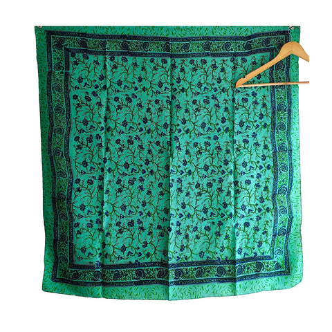 India Scarves Floral Paisley Print Silk Scarf, Light Weight Square Neck Wrap,  Border Pattern, 100x100 cm