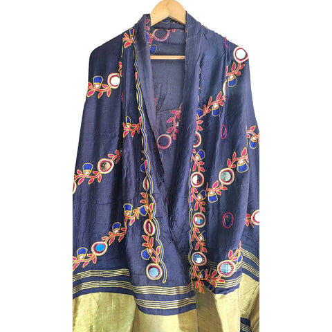 Handcrafted Purple Silk Dupatta with Gold Border, Floral Embroidered Mirror Work, Traditional Indian Scarf