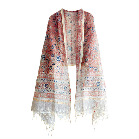India Scarves Kota Doria Kalamkari Cotton Silk Orange Colour Floral Dupatta