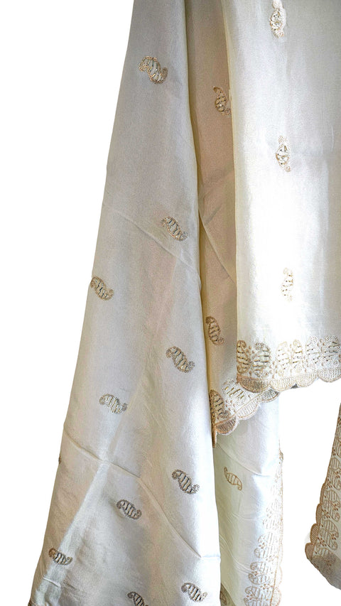 Hand-Embroidered Ivory Silk Dupatta with Multicoloured Floral Motifs and Silver Scalloped Border