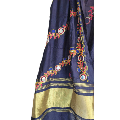 Handcrafted Purple Silk Dupatta with Gold Border, Floral Embroidered Mirror Work, Traditional Indian Scarf
