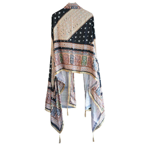 Pakistani Folk Art Digital Print Dupatta, Black Multicolour, Chevron Mirror Work with Gold Tassels