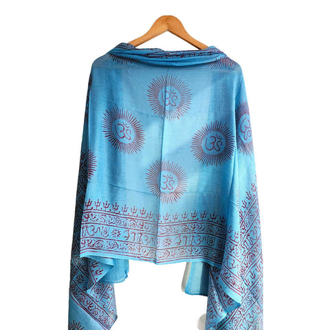 India Scarf Rayon Sarong with Hand-Printed Om Motifs (Dark Blue)