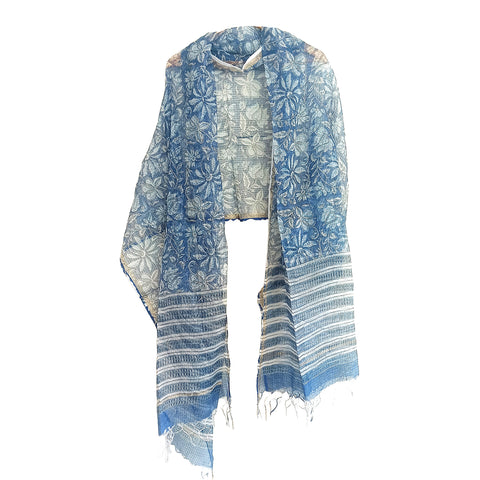 Kota Doria Cotton Silk Indigo Blue Color floral Dupatta