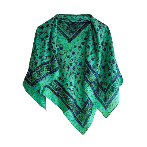 India Scarves Floral Paisley Print Silk Scarf, Light Weight Square Neck Wrap,  Border Pattern, 100x100 cm