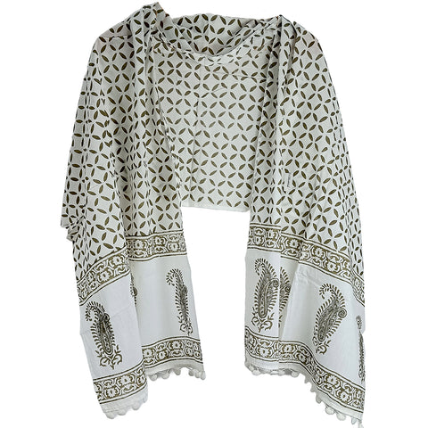 Bagru Hand Block Printed Pure Cotton White colour floral Stole