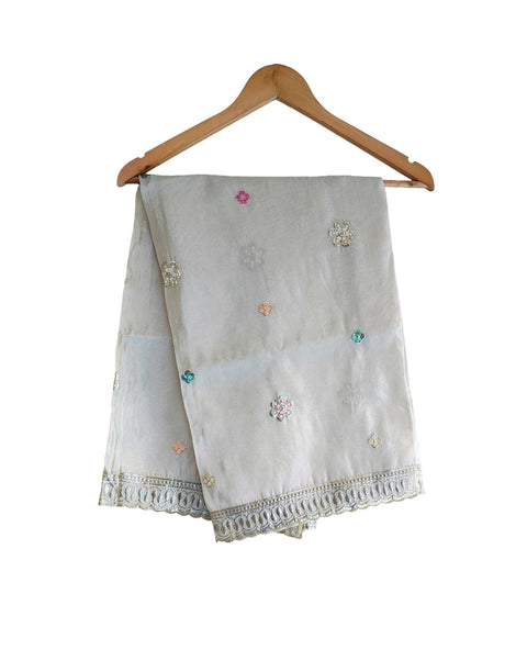 Hand-Embroidered Ivory Silk Dupatta with Multicoloured Floral Motifs and Silver Scalloped Border