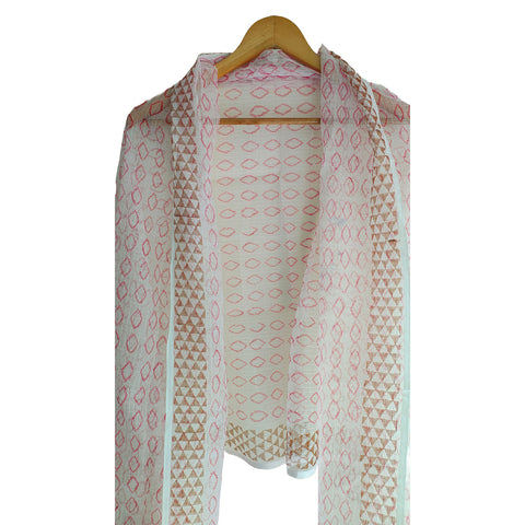 India Scarves Bagru Hand Block Floral kota Doriya silk cotton Dupatta(White And Pink)