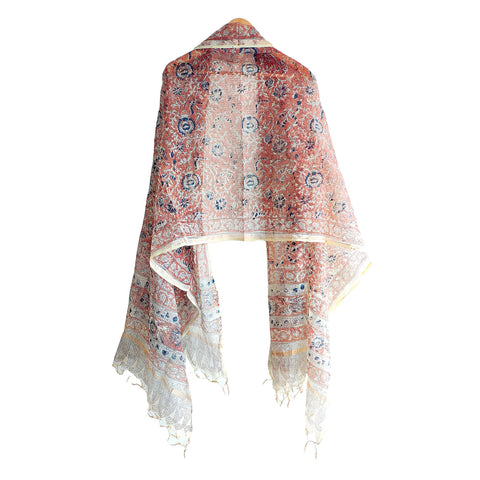 India Scarves Kota Doria Kalamkari Cotton Silk Orange Colour Floral Dupatta