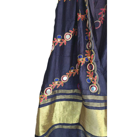 Handcrafted Purple Silk Dupatta with Gold Border, Floral Embroidered Mirror Work, Traditional Indian Scarf