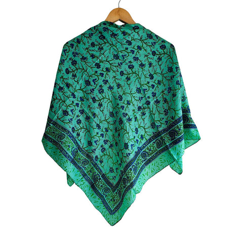 India Scarves Floral Paisley Print Silk Scarf, Light Weight Square Neck Wrap,  Border Pattern, 100x100 cm