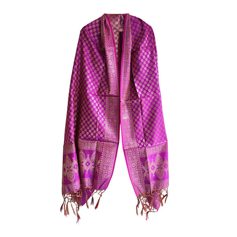 India scarves Banarasi Brocade with Floral Grid, Ornamental Border, and Tassel Finish