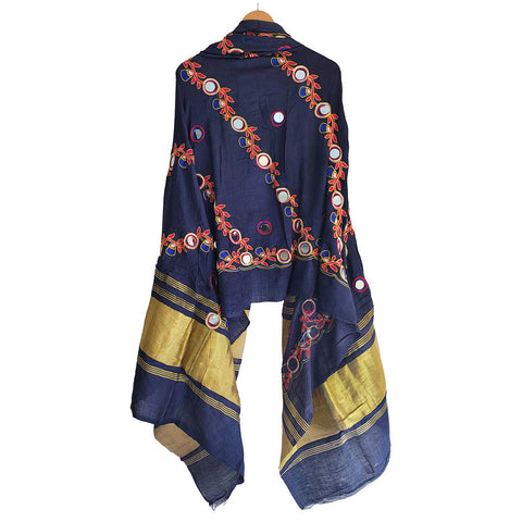 Handcrafted Purple Silk Dupatta with Gold Border, Floral Embroidered Mirror Work, Traditional Indian Scarf