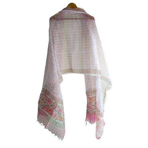 India Scarves Bagru Hand Block Floral kota Doriya silk cotton Dupatta(White And Pink)