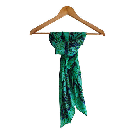 India Scarves Floral Paisley Print Silk Scarf, Light Weight Square Neck Wrap,  Border Pattern, 100x100 cm