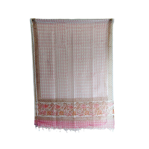 India Scarves Bagru Hand Block Floral kota Doriya silk cotton Dupatta(White And Pink)