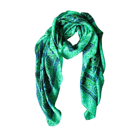 India Scarves Floral Paisley Print Silk Scarf, Light Weight Square Neck Wrap,  Border Pattern, 100x100 cm