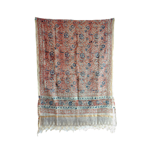 India Scarves Kota Doria Kalamkari Cotton Silk Orange Colour Floral Dupatta