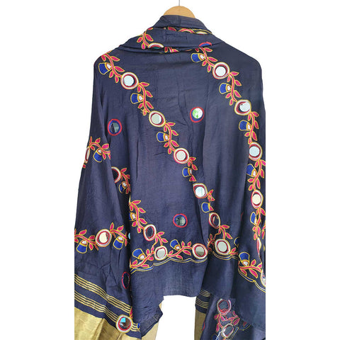 Handcrafted Purple Silk Dupatta with Gold Border, Floral Embroidered Mirror Work, Traditional Indian Scarf