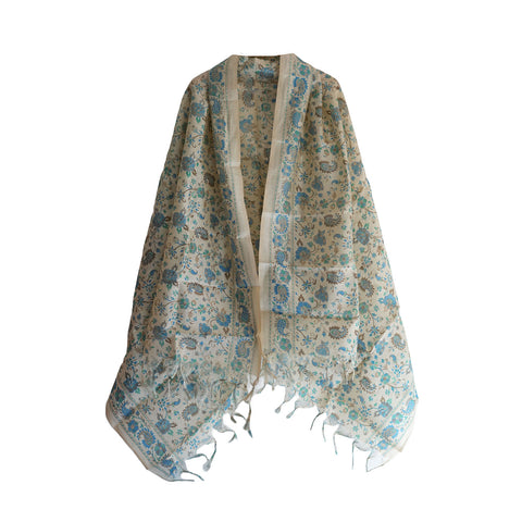 Khadi Cotton Floral Print Design Dupatta(Mint Green )
