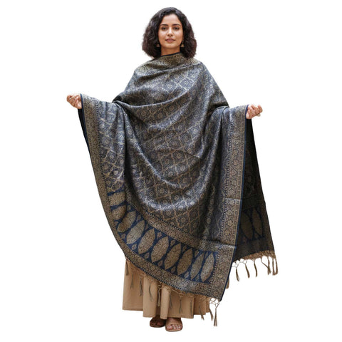 India scarves Banarasi Brocade with Floral Grid, Ornamental Border, and Tassel Finish