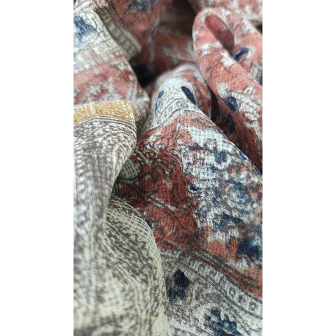 India Scarves Kota Doria Kalamkari Cotton Silk Orange Colour Floral Dupatta