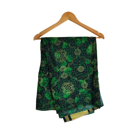 India Scarves Traditional Semi Gaji Silk Dupatta, Multi Color with Bandhani Print and Jari Gold Border( Green color)