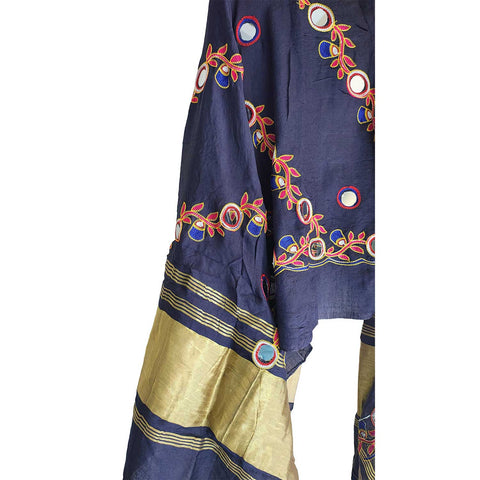 Handcrafted Purple Silk Dupatta with Gold Border, Floral Embroidered Mirror Work, Traditional Indian Scarf