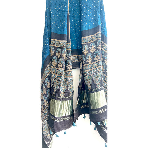 Azure Beauty: Modal Silk Dupatta Adorned with Ajrak Bandhani Masterpiece