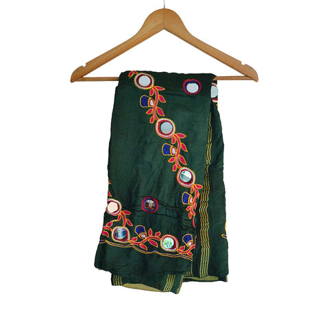 Handcrafted Purple Silk Dupatta with Gold Border, Floral Embroidered Mirror Work, Traditional Indian Scarf